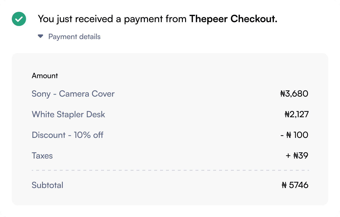 An image of Thepeer payment checkout showing payment details, showing amount and items purchased.