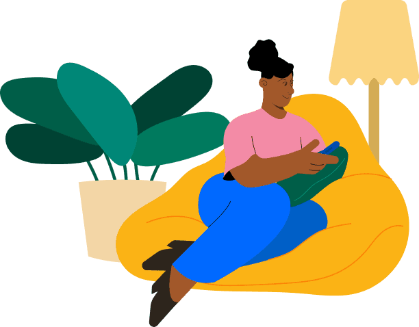 An illustration of a lady sitting on a yellow bean bag, reading off her phone