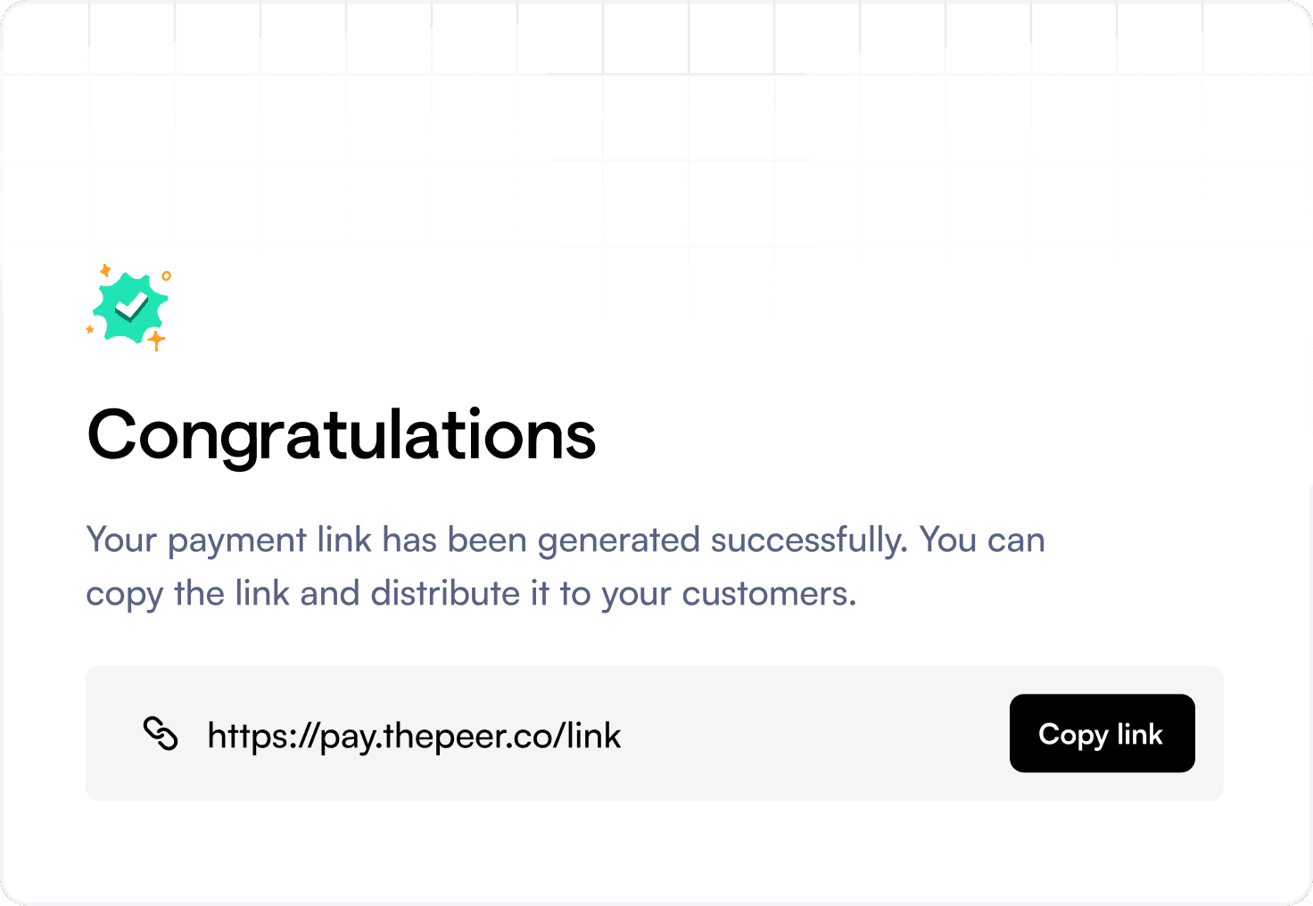 An image of a success screen after creating a payment link