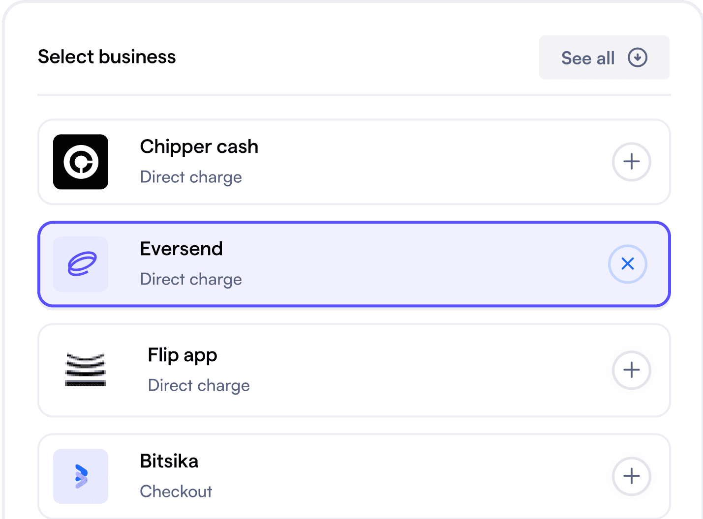 An image listing a few businesses to connect your wallet with namely Chipper cash, Eversend, Flip app, and Bitsika