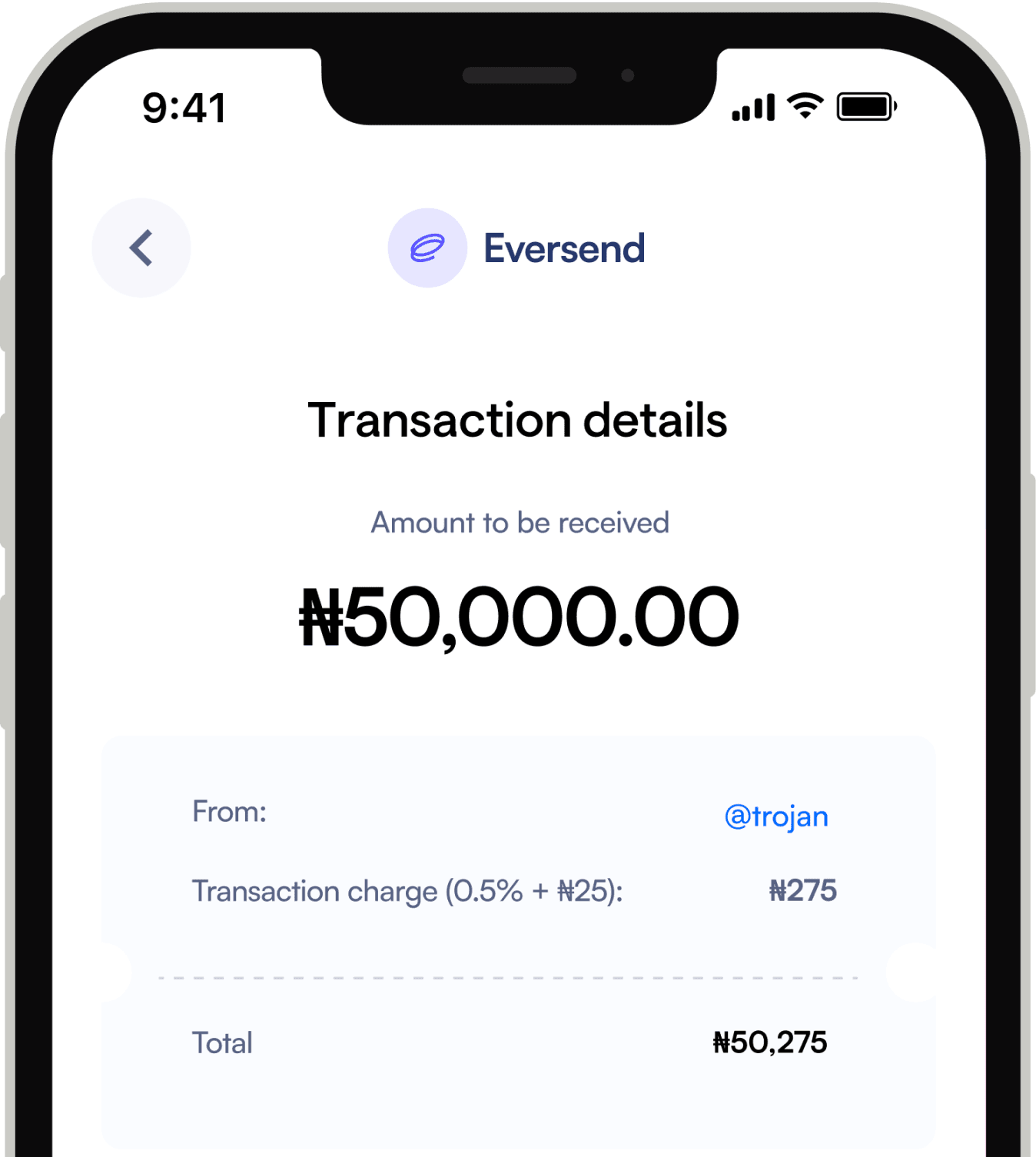 An image of a phone screen showing transaction details such as amount to be received, from, transaction charges and total