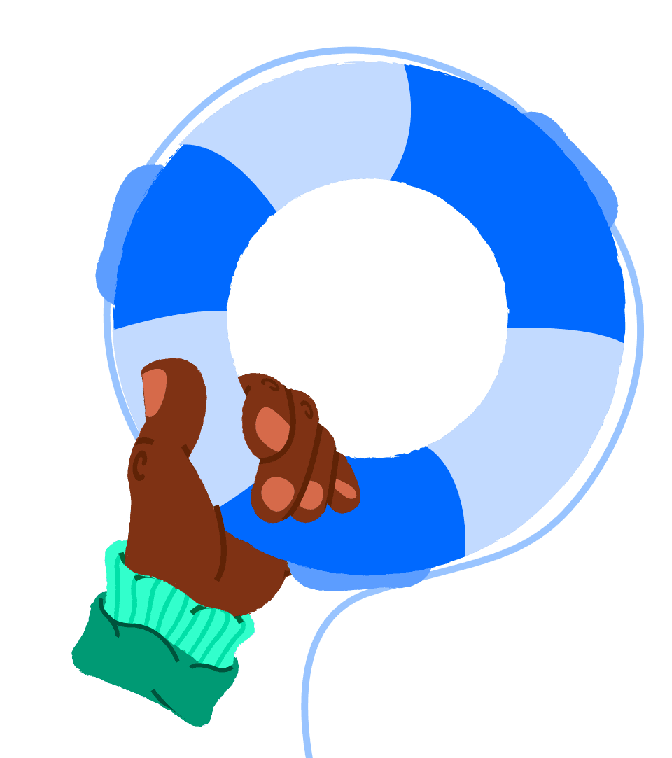 An illustration of a hand gripping a blue and sky-blue stripped floating tube